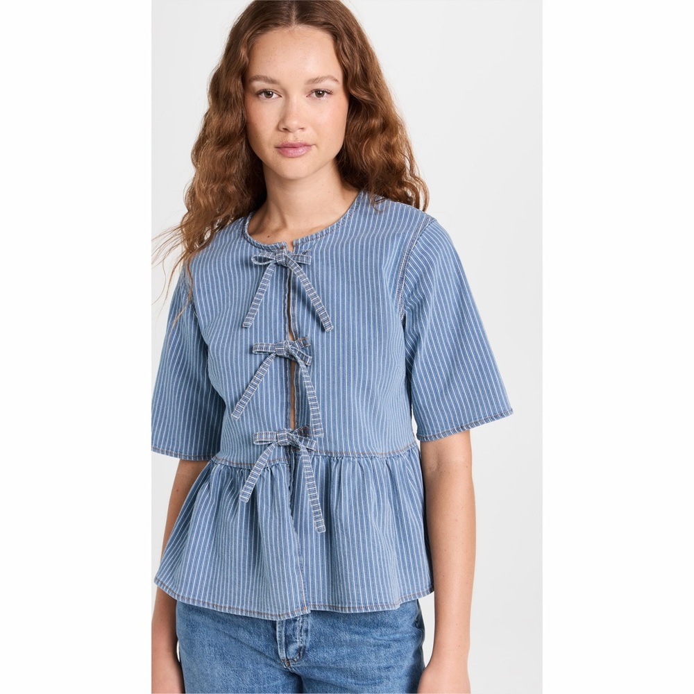 GANNI Light Stripe Denim Peplum Blouse